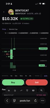 A screenshot of a mobile trading app showing the BENTOCAT token ($BENTOCAT) priced at $10.32K with a 24-hour change of +3,745.28%, displaying a candlestick chart with buy and sell buttons, and a market cap of $484.04. The token's contract address (0x0376...e01c) is visible, consistent with the post mentioning BENTOCAT's launch via pools.fun.