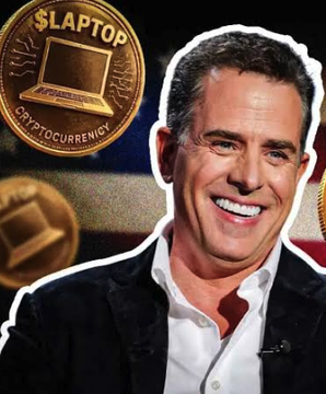 A promotional image featuring a smiling man in a suit and tie alongside a gold "$LAPTOP CRYPTOCURRENCY" coin, referencing Hunter Biden's controversial laptop in the context of a newly launched memecoin that lost 97.8% of its value within its first hour.