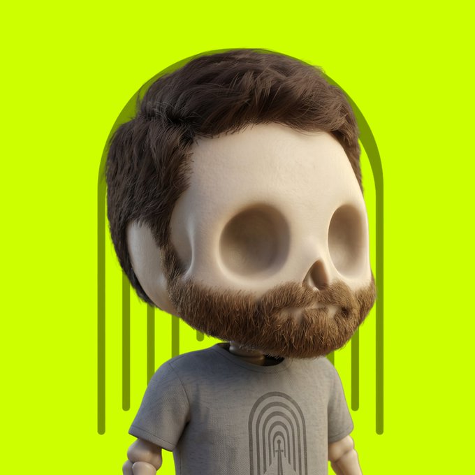 A cartoon doll figure with a skull-like face, brown hair, and a beard wearing a gray t-shirt featuring a rainbow arch design, set against a bright green background with dripping accents.

The image appears to be a thank-you message thanking @0xWacky for a 1/1 NFT, likely showcasing the unique digital artwork that was received.