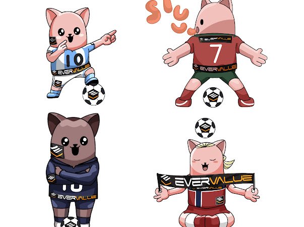 Four cartoon chihuahua mascots in soccer gear celebrate for the EverValueCoin (#EVA) World Cup meme contest, featuring jerseys with "10" and "7," a team scarf, and a ball, capturing the creator's 17-hour design effort with the celebratory "Siuuu" pose.