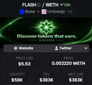 A token information page for FLASH/WETH showing $0.53 USD, 0.002220 WETH, with a liquidity of $58K and market cap of $383K.
