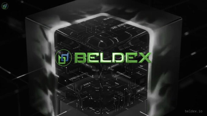 A dark, tech-themed promotional graphic featuring a 3D circuit cube and the 'BELDEX' logo with the website 'beldex.io'.