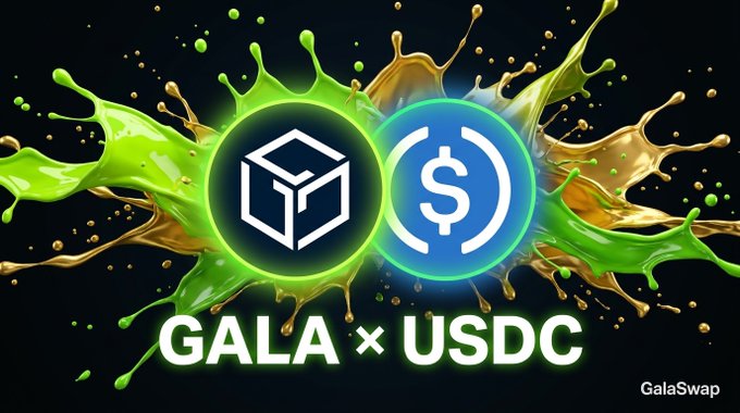 Promotional graphic for the GalaSwap GALA/USDC liquidity pool, featuring the GALA cube logo and USDC dollar-coin logo emerging from dynamic paint splatters. Branded "GalaSwap" in the corner, it highlights the pool's 87.4% APR with $73k TVL and $17k daily volume.
