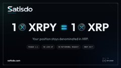 A dark-themed Satisdo advertisement displays the text '1 XRPY = 1 XRP' with the note 'Your position stays denominated in XRP.'