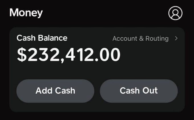 A screenshot of a financial app showing a "Money" account with a Cash Balance of $232,412.00, alongside "Add Cash" and "Cash Out" buttons. The image appears to be used as social proof in a giveaway scam promising cash rewards to followers, contrasting a large displayed balance with the low $5,000 threshold mentioned in the post to lure engagement.
