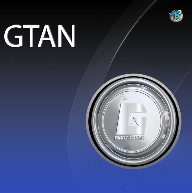 The image showcases a sleek, silver coin-style logo with a stylized "G" emblem and the text "GIANT TOKEN" beneath it, set against a dark blue gradient background. The word "GTAN" appears prominently in large white letters on the left side, corresponding to the new listing announcement for Giant Token ($GTAN).