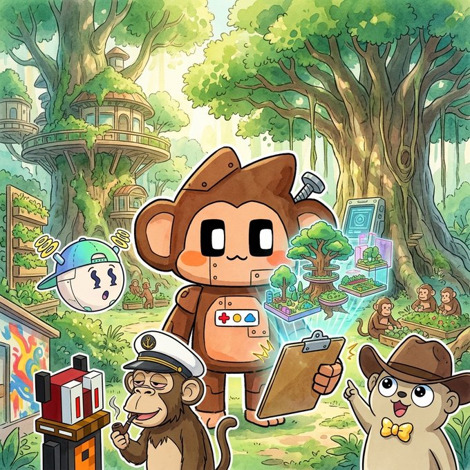A whimsical cartoon illustration featuring a robot monkey character holding a clipboard, surrounded by other monkeys in a lush forest village with treehouses and floating digital elements.