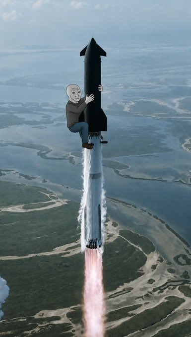 The image features an aerial view of a rocket ship, with a man sitting inside holding onto the side of the rocket as it takes off into space. The caption above the image reads "Stop selling; you'll regret it if you try to make a short-term profit #eth @wojakcto #memecoin". This post seems to be promoting an ethical stance against profiting from space exploration or rocketry, and encourages people to consider the implications of such actions.