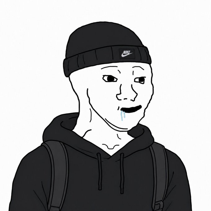 A black-and-white drawing of a Wojak-style character wearing a black Nike beanie and hoodie, with drool dripping from his mouth in a vacant expression.