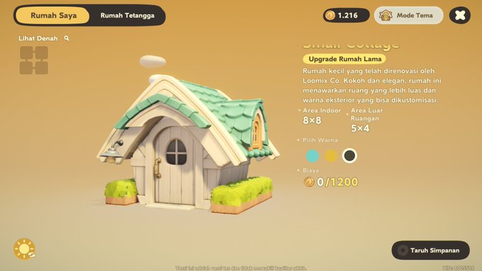 A screenshot from a game interface in Indonesian showing a small 'Rumah Cottage' (Cottage House) upgrade, with dimensions 8x8 indoor and 5x4 outdoor.
