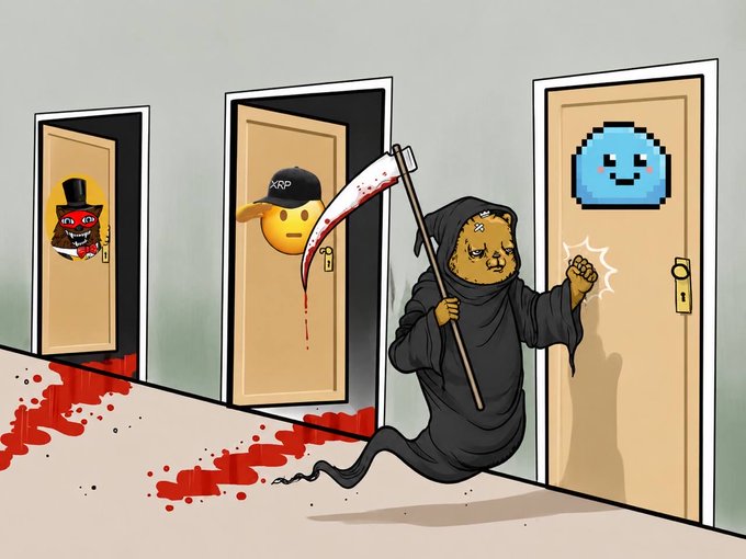 The image depicts a Grim Reaper-like figure (a Doge meme wearing a black robe) wielding a blood-stained scythe, knocking on a door marked with a smiling blue ball emoji after leaving trails of blood from previous doors featuring an XRP logo top-hat character and a "XRP" cap-wearing emoji. The accompanying caption "Slowly…. Then all at once. Moving up the rankings" suggests Doge is methodically surpassing XRP and other competitors on the crypto leaderboard.