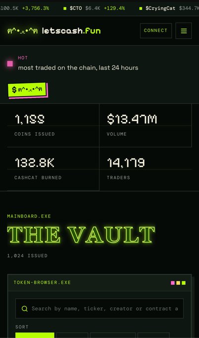 A dark-mode redesign of the letscash.fun website featuring stats for $CASHCAT (1,1SS coins issued, $13.47M volume, 132.8K cashcat burned, 14,179 traders) alongside sections titled "THE VAULT" and a token browser search bar. The neon green and pink cyberpunk aesthetic directly reflects the poster's preference for dark mode to avoid the strain of light-mode design.