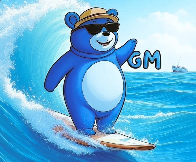 A cheerful blue bear wearing sunglasses and a tan hat surfs a wave, with "GM" displayed in the background alongside the accompanying caption "Can I get a GM? Let's all win together." The surfing bear embodies the post's upbeat, victorious spirit, riding the wave toward collective success.