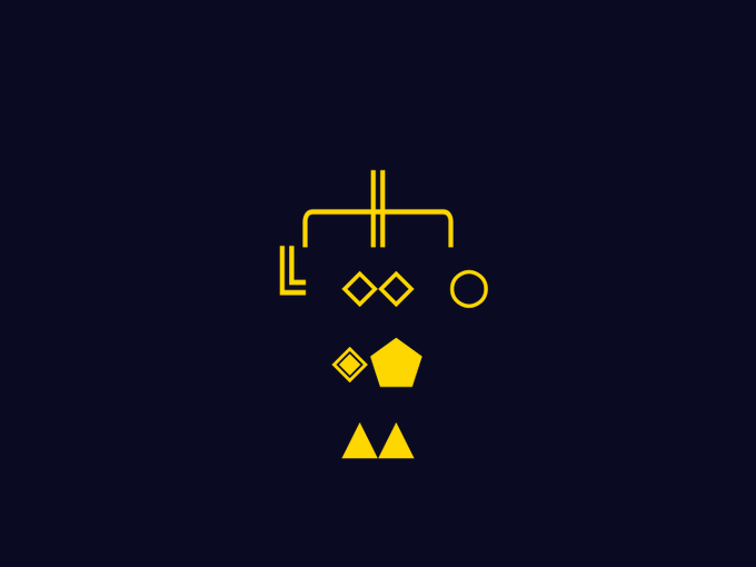 A minimalist geometric design on a dark background featuring a stylized face made of yellow lines and shapes, including two diamond 'eyes', a pentagon 'nose', and two triangles for a mouth, resembling a classic space invader pixel art structure.