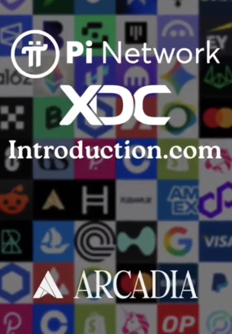 The image displays logos of "Pi Network," "XDC," "Introduction.com," and "ARCADIA" against a colorful background of various crypto and tech brand icons, visually introducing XDC alongside Pi Network to highlight their shared 18-decimal precision system, where 0.000000000000000001 XDC equals 1 Wei.
