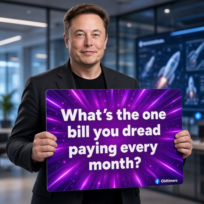 An image of Elon Musk holding a purple sign that reads 'What's the one bill you dread paying every month?' with an 'Oldtimers' logo in the corner.