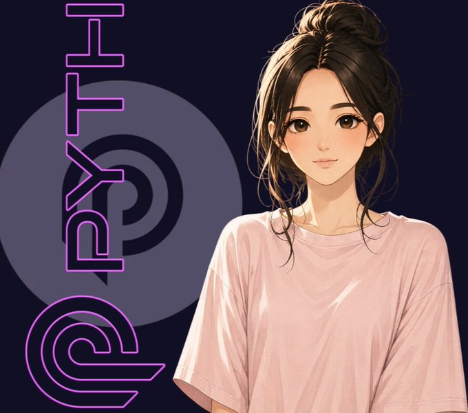 The image features an anime character wearing a pink shirt with her hair styled in a bun. The character's face is lit up with a smile as she looks directly at the camera. In the background, there are purple circles that appear to be neon lights or logos related to cryptocurrency trading and market infrastructure. The text "pyth michael cahill" can also be seen in the image.