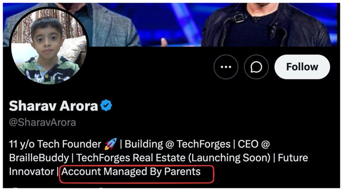 The image shows a Twitter/X profile for "Sharav Arora," an 11-year-old self-described "Tech Founder" and "CEO @ BrailleBuddy," with a red box highlighting the bio line "Account Managed By Parents." The post suggests the parents are exploiting their child to promote a token, citing the youth's "Building @ TechForges" and "TechForges Real Estate" ventures as evidence of the child being used for promotional purposes.
