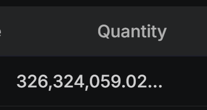 A screenshot showing 'Quantity' with the number '326,324,059.02...' displayed on a dark background.