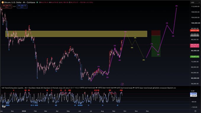 A TradingView chart of Bitcoin/USD on Coinbase showing a price of $94,286.72, displaying a complex technical analysis with Elliott Wave count labels, a highlighted supply zone, and various indicators below.