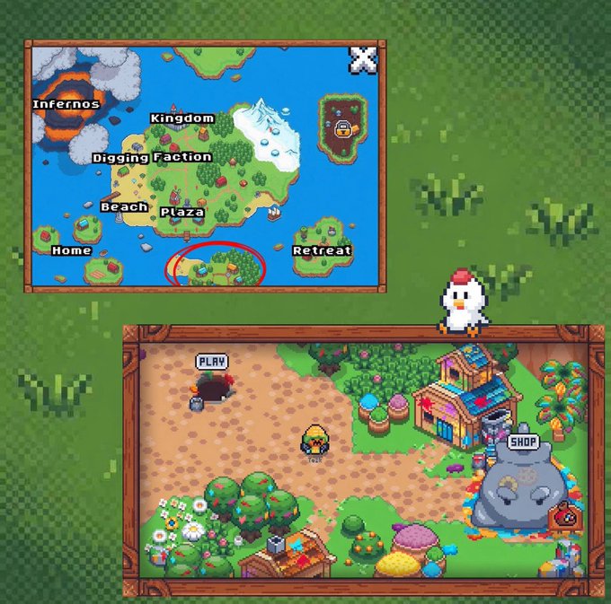 A screenshot from a pixel-art video game showing a world map with locations including 'Infernos', 'Kingdom', 'Digging Faction', 'Beach', 'Plaza', 'Home', and 'Retreat', along with a gameplay scene showing a character, chicken, and shop.