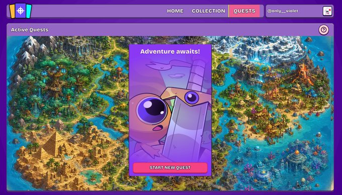 A vibrant quests interface featuring "Adventure awaits!" with a "START NEW QUEST" button. The navigation bar shows HOME, COLLECTION, and QUESTS tabs, alongside invite codes "82df5fee5bf5e842ced9" and "only___violet" displayed in the top right corner for Everdraw whitelist access.