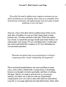A page titled "Lesson 8 - Don't marry your bags" featuring trading advice about avoiding emotional attachment to losing positions, with quotes warning against passive bag-holding and recommending tactical exits and stop losses to preserve capital for better opportunities.