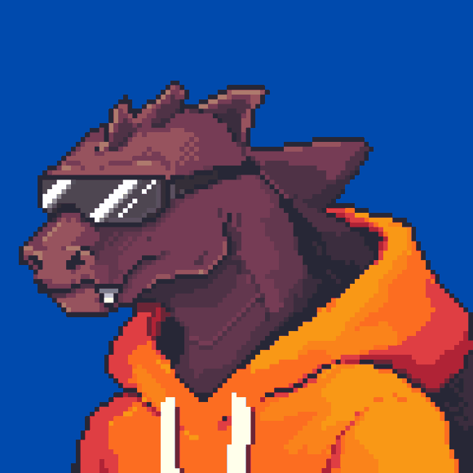 A pixel-art portrait shows a purple-skinned character wearing large black sunglasses and an orange hoodie against a solid blue background.