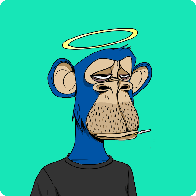 A weary-looking blue-furred ape with a yellow halo above its head and a small stick in its mouth is displayed against a green background, fitting the poster's announcement of joining the Bored Ape Yacht Club (#BAYC) community.