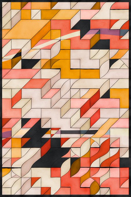 An abstract geometric composition made of interlocking rectangles and curved shapes in shades of pink, orange, white, and black.