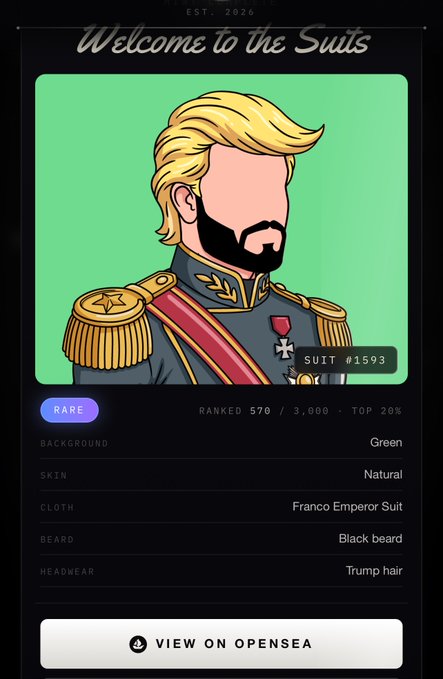 A digital NFT profile card titled "Welcome to the Suits" features a cartoon man with blonde hair and a beard in a "Franco Emperor Suit", labeled SUIT #1593, RARE, ranked 570 / 3,000.