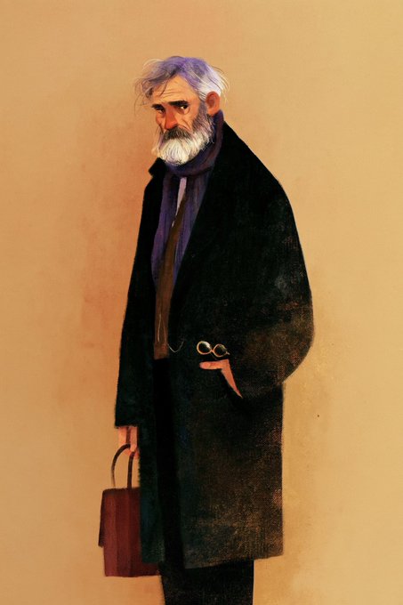 An illustrated portrait of an older man with a white beard, wearing a long dark coat and purple scarf, holding a brown briefcase.