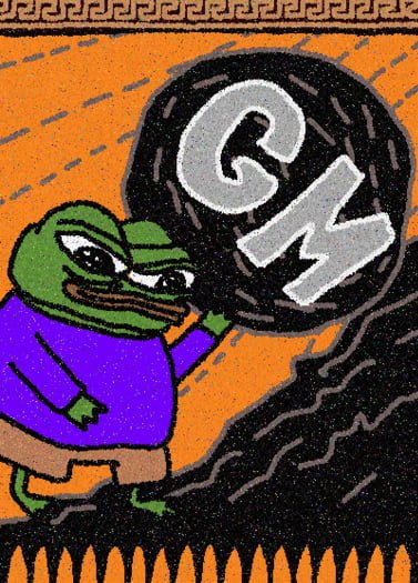 A cartoon-style illustration depicts a Pepe the Frog character in a purple shirt pushing a large black ball with 'GM' (Good Morning) written on it against an orange background with tribal-style patterns.