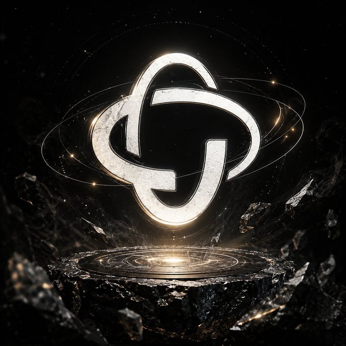 A stylized 3D metallic logo resembling interconnected 'C' shapes floating above a glowing platform in a dark, rocky, space-like environment.