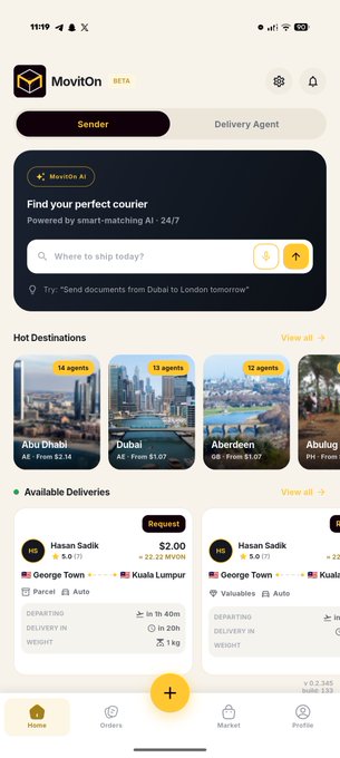 A mobile app screenshot for 'MovitON BETA' showing a courier service interface with delivery destinations including Abu Dhabi, Dubai, and Aberdeen.
