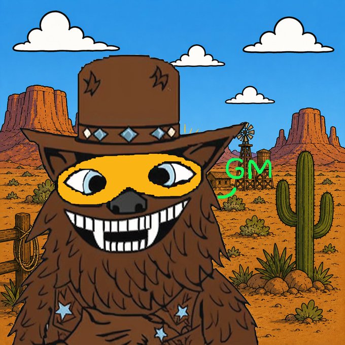 A cartoon illustration of a grinning furry creature wearing a brown cowboy hat with star accents, set in a desert landscape with cacti and mesas, labeled '6M'.