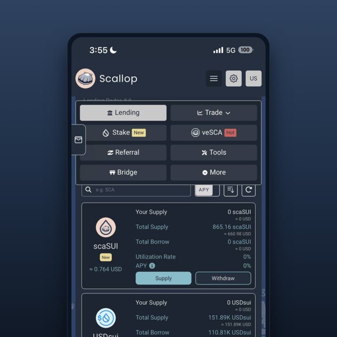 Mobile screenshot of Scallop DeFi platform showing lending interface with navigation tabs (Lending, Trade, Stake, Referral, Bridge, Tools, More, veSCA), featuring scaSUI with total supply 865.16 scaSUI and USDsui with total supply 151.89K USDsui.