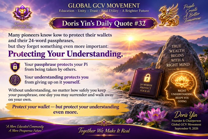 A graphic for the 'GLOBAL GCV MOVEMENT' featuring 'Doris Yin's Daily Quote #32' titled 'Protecting Your Understanding,' discussing wallet passphrases and understanding, dated September 9, 2026.