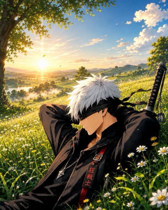 An anime-style illustration of a silver-haired character with a black headband resting in a sunlit flower field, wearing a black coat with swords on his back and a tag reading '狂戦士'.