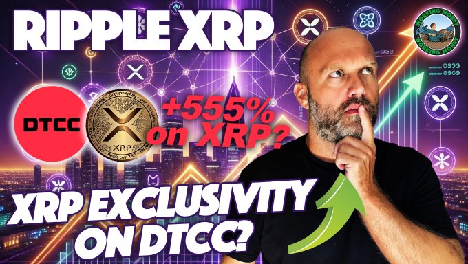 A man with a beard in a black shirt poses thoughtfully against a vibrant crypto-themed background featuring XRP logos, cityscape imagery, and prominent text reading "RIPPLE XRP," "+555% on XRP?," and "XRP EXCLUSIVITY ON DTCC?" — directly visualizing the post's discussion about whether DTCC will exclusively use XRP and the potential 555% gains tied to that outcome.