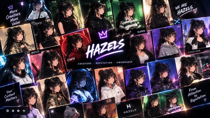 A collage featuring the anime-style mascot of the HAZELS NFT project in various outfits and settings, with text overlays like "CREATORS," "OWN," "EARN," "TOGETHER," "More Creators More Value," and "From Attention to Reputation" surrounding the central "HAZELS - CREATORS · REPUTATION · OWNERSHIP" logo. The visual reinforces the post's message about HAZELS shifting focus from follower counts to meaningful content creation and reputation-building for creators.