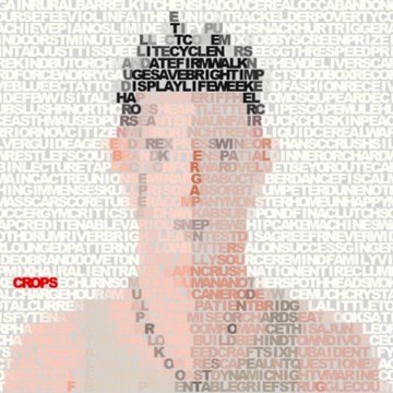 Word cloud art forming the face of a person, with words like 'CREATIVE', 'PHILOSOPHY', 'INSTAGRAM', and 'CROPS' overlaid in red and black text on a gray background.