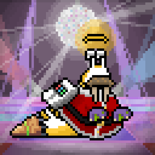 Pixel art featuring King Dedede from the Kirby series seated on his throne, holding a hammer and accompanied by a Waddle Dee, set against a purple and pink cave background.