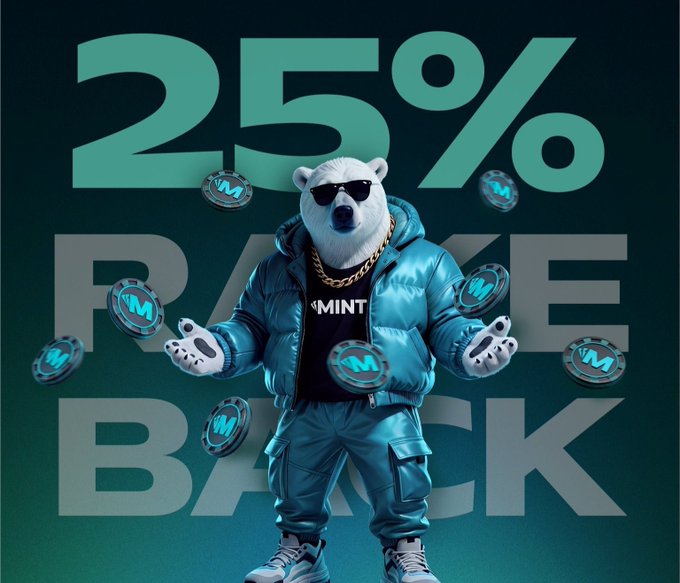A promotional graphic for the MINT cryptocurrency showing an anthropomorphic polar bear wearing sunglasses, a gold chain, and a puffy jacket, surrounded by floating coins with '25% RAKE BACK' displayed in large text.