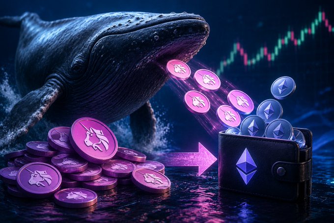 A massive whale spits out pink UNI coins, which flow into a pile and then transfer (indicated by an arrow) into a wallet filled with ETH, with a rising price chart in the background, illustrating how large holders cash out their UNI profits into Ethereum.