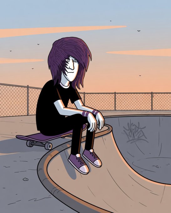 A purple-haired emo character sits thoughtfully on their skateboard at the edge of a skate bowl at sunset, perfectly capturing the melancholic, alternative aesthetic that the $emo memecoin embraces.