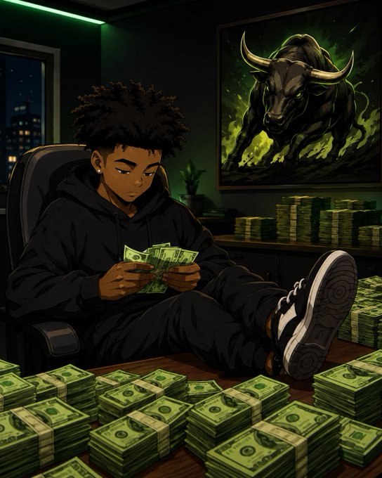 A stylized illustration of a young man sitting in a chair counting money, surrounded by stacks of cash, with a bull painting on the wall behind him.