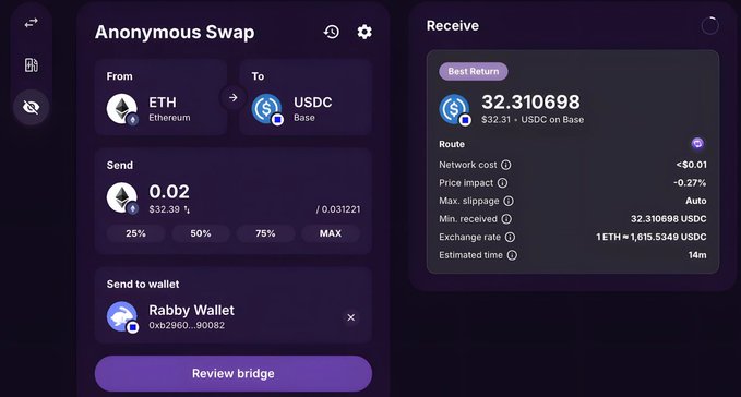 A cryptocurrency 'Anonymous Swap' interface showing a transaction of 0.02 ETH to 32.310698 USDC on the Base network.