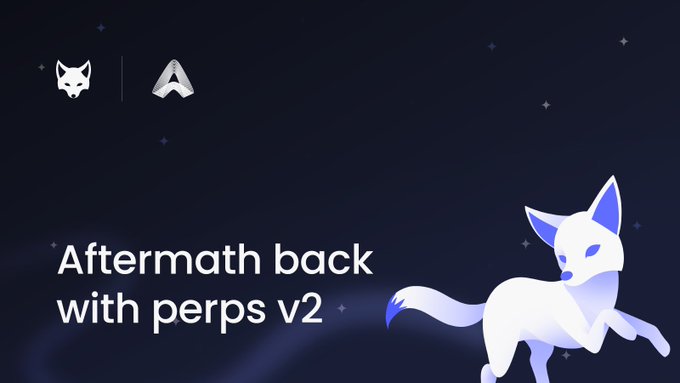 Promotional graphic reading 'Aftermath back with perps v2' featuring a white fox-like creature illustration on a dark starry background, alongside small fox and 'A' logos.