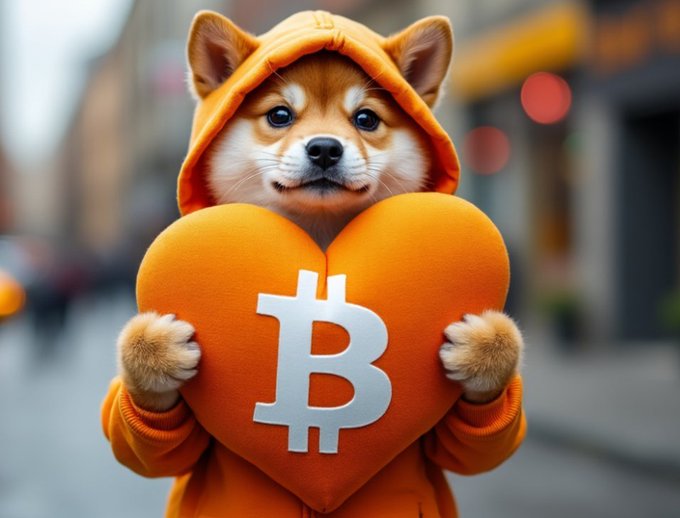 An AI-generated Shiba Inu dog wearing an orange hoodie, holding a large orange heart with a white Bitcoin (₿) symbol on it.